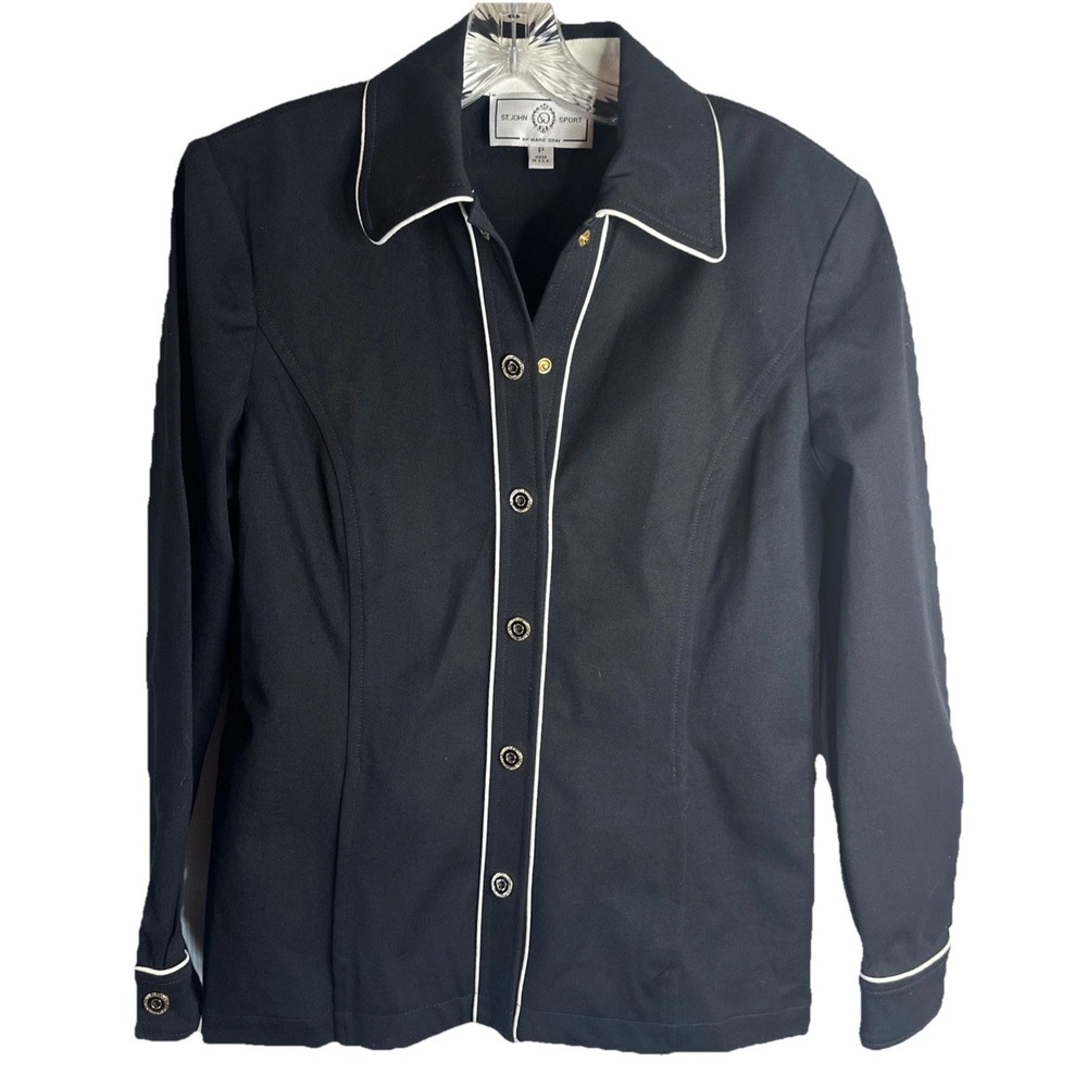 ST JOHN‎ Sport by Marie Gray Jacket Black White Piping Snap Closure Shirt P